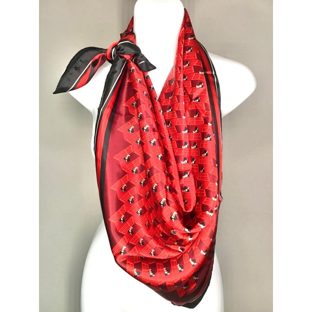 100% Silk Scarf Red Black Square Graphic Print Large 34x34